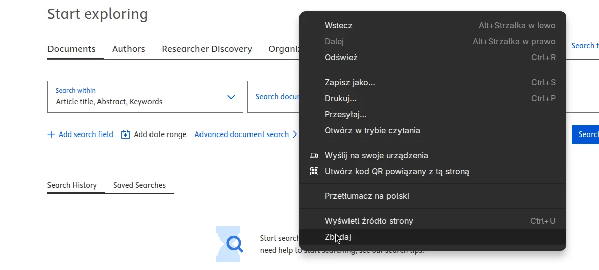 Zrzut ekranu przedstawiający menu kontekstowe Chrome&#39;a