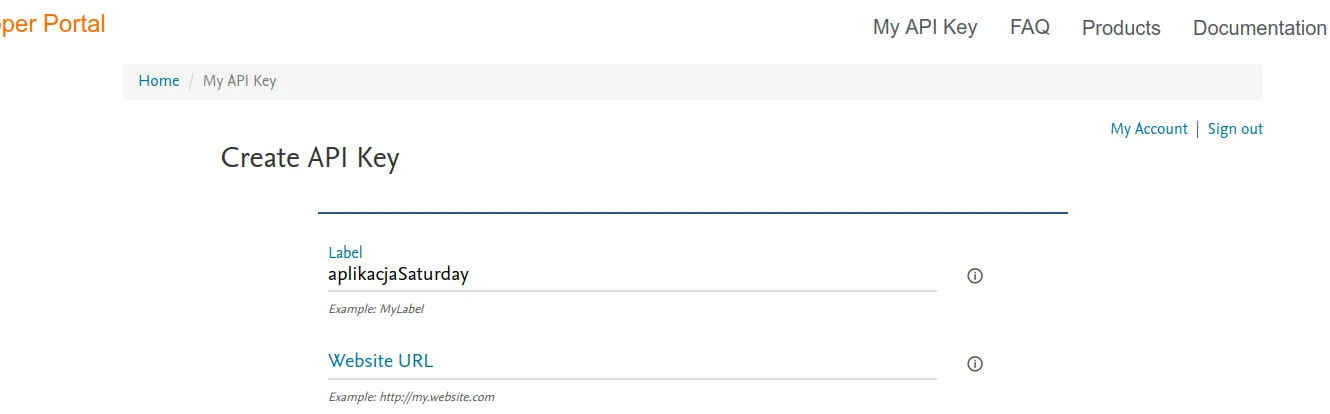 Zrzut ekranu pokazujący pola nazwy klucza oraz adresu URL strony